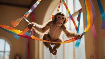 A playful monkey hangs from colorful ribbons in a festive indoor setting. photo