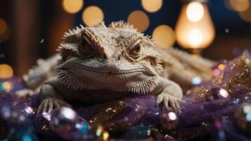 A bearded dragon resting on colorful fabric with sparkling decorations in the background. photo