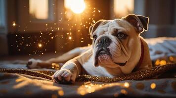 A serene bulldog resting with sparkling light in the background. photo