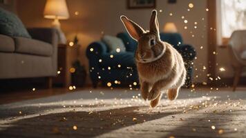 A playful rabbit leaps through a room filled with sparkling light. photo