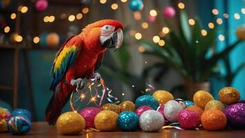 A vibrant parrot amidst colorful festive decorations and sparkling confetti. photo