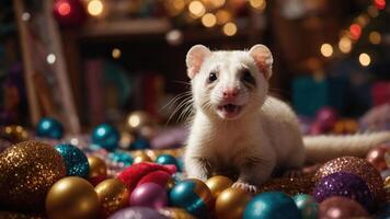 A playful ferret surrounded by colorful holiday decorations and ornaments. photo