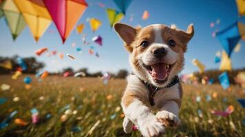 A joyful puppy running through a colorful field with festive decorations in the background. photo