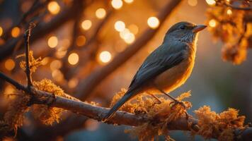 A bird perched on a branch with glowing lights in the background, creating a serene atmosphere. photo