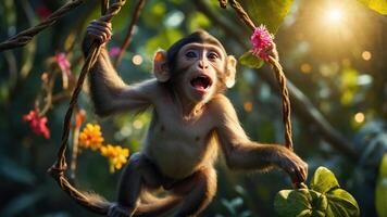 A playful monkey hanging on a vine in a vibrant jungle setting, expressing joy. photo