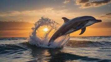A dolphin leaps from the ocean at sunset, creating a splash against a colorful sky. photo