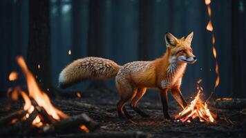 A fox stands near a campfire in a misty forest, creating a serene and magical atmosphere. photo