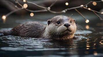 An otter swimming in water, illuminated by soft, glowing lights above. photo