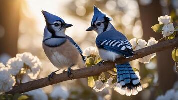 Two blue jays perched on a branch surrounded by flowers in a soft, warm light. photo