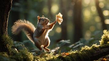A squirrel holds a piece of paper in a sunlit forest, showcasing nature's playful moments. photo
