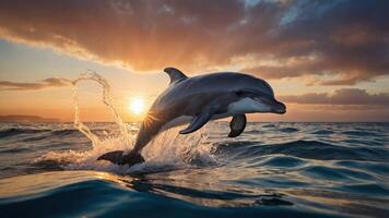 A dolphin leaps through ocean waves at sunset, creating a serene and vibrant scene. photo