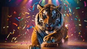 A majestic tiger runs through a colorful circus scene with confetti falling around it. photo
