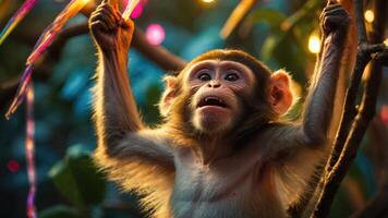 A playful monkey hanging from a tree, surrounded by colorful lights. photo