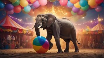An elephant plays with a beach ball in a colorful circus setting filled with balloons. photo