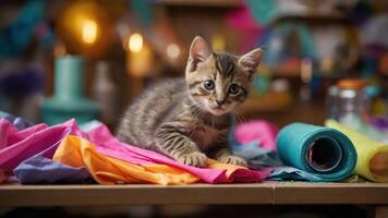 A playful kitten rests on colorful fabric scraps in a creative workspace. photo