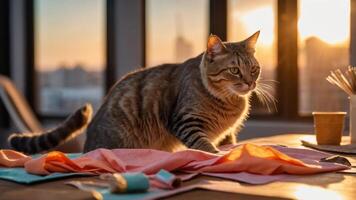 A cat explores a colorful fabric setup in a sunlit workspace. photo
