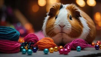 A guinea pig surrounded by colorful yarn and decorative beads, creating a playful scene. photo