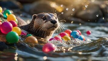 An otter playing in water surrounded by colorful balls, creating a playful scene. photo