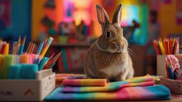 A rabbit sits on colorful fabric in a vibrant art space filled with supplies. photo