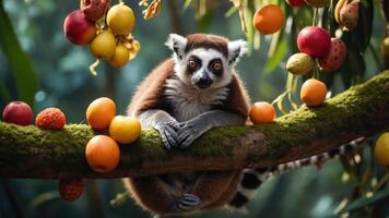 A lemur lounging on a branch surrounded by colorful fruits in a lush environment. photo
