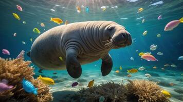 A serene underwater scene featuring a manatee surrounded by colorful fish and coral. photo