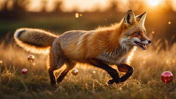 A playful fox running through a field during sunset, surrounded by colorful ornaments. photo