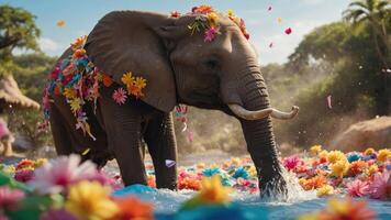 An elephant adorned with flowers enjoys a playful moment in a vibrant, colorful setting. photo