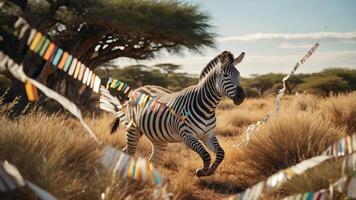 A zebra runs through a grassy landscape, adorned with colorful ribbons in the background. photo