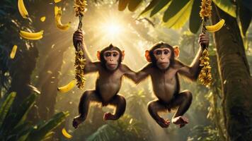 Two monkeys swinging together amidst a lush jungle filled with bananas and sunlight. photo