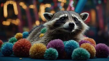 A raccoon surrounded by colorful pom-poms in a festive setting. photo