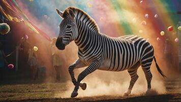 A zebra gallops through a colorful, festive scene filled with light and joy. photo