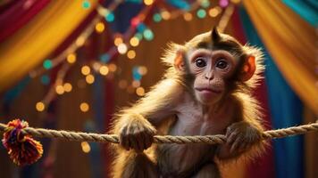 A young monkey hanging on a rope in a colorful, festive setting with lights in the background. photo
