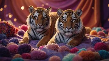 Two tigers lounging on a colorful backdrop with pom-poms, creating a playful atmosphere. photo