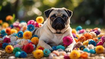 A pug resting among colorful flowers, creating a vibrant and cheerful scene. photo