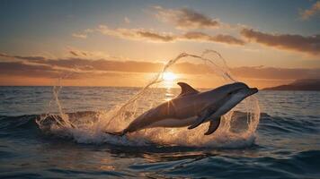 A dolphin leaps from the ocean at sunset, creating a beautiful splash against the serene backdrop. photo