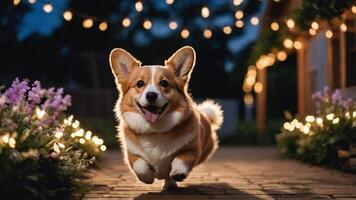 A joyful corgi running along a path adorned with flowers and string lights at night. photo