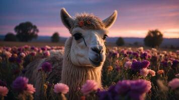 A llama with a flower in its fur, surrounded by colorful flowers at sunset. photo