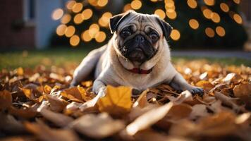 A pug lying on autumn leaves with a blurred background of lights. photo