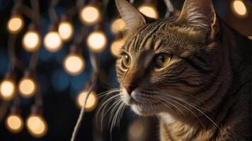 A close-up of a tabby cat with warm glowing lights in the background. photo
