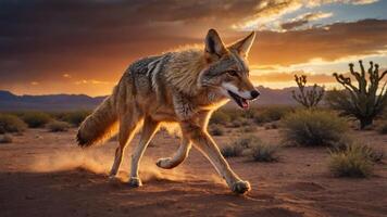 A coyote walks through a desert landscape at sunset, showcasing its natural habitat. photo