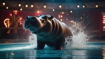 A hippo splashes in a circus pool, showcasing its playful nature in a vibrant setting. photo