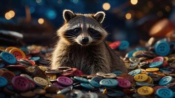 A raccoon surrounded by colorful buttons, creating a whimsical and playful scene. photo