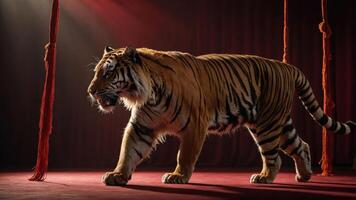 A tiger walks across a stage, with spotlight and red curtains creating a dramatic atmosphere. photo