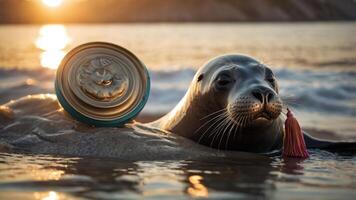 A seal rests in shallow water, adorned with a decorative object. photo