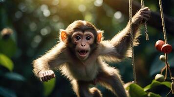 A playful monkey hanging from a branch in a lush green environment. photo