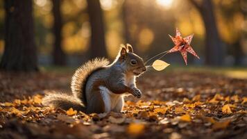 A squirrel holding a colorful origami star and a leaf amidst fallen autumn leaves. photo