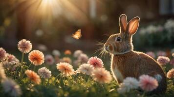 A serene rabbit gazes at a butterfly among colorful flowers in a sunlit garden. photo