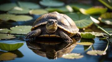 A turtle resting on lily pads in a tranquil pond, reflecting in the water. photo