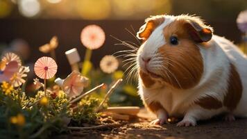 A guinea pig surrounded by colorful flowers in a warm, sunlit setting. photo