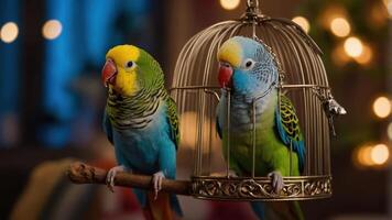 Two colorful budgerigars, one in a cage, perched on a branch, with a cozy background. photo